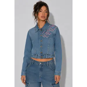 ✨ Von Dutch Originals Cropped Denim Jacket – Y2K Graphic Embroidered Jean Jacket – 💙🔥 ✨ Size XS