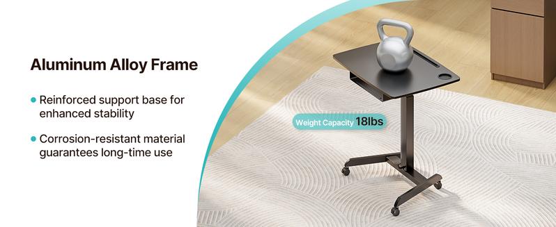 Height Adjustable Standing Rolling Desk with Wheels and Drawer, 31.5"x22" Mobile Laptop Table for Teachers, Classroom or Home Office, Black