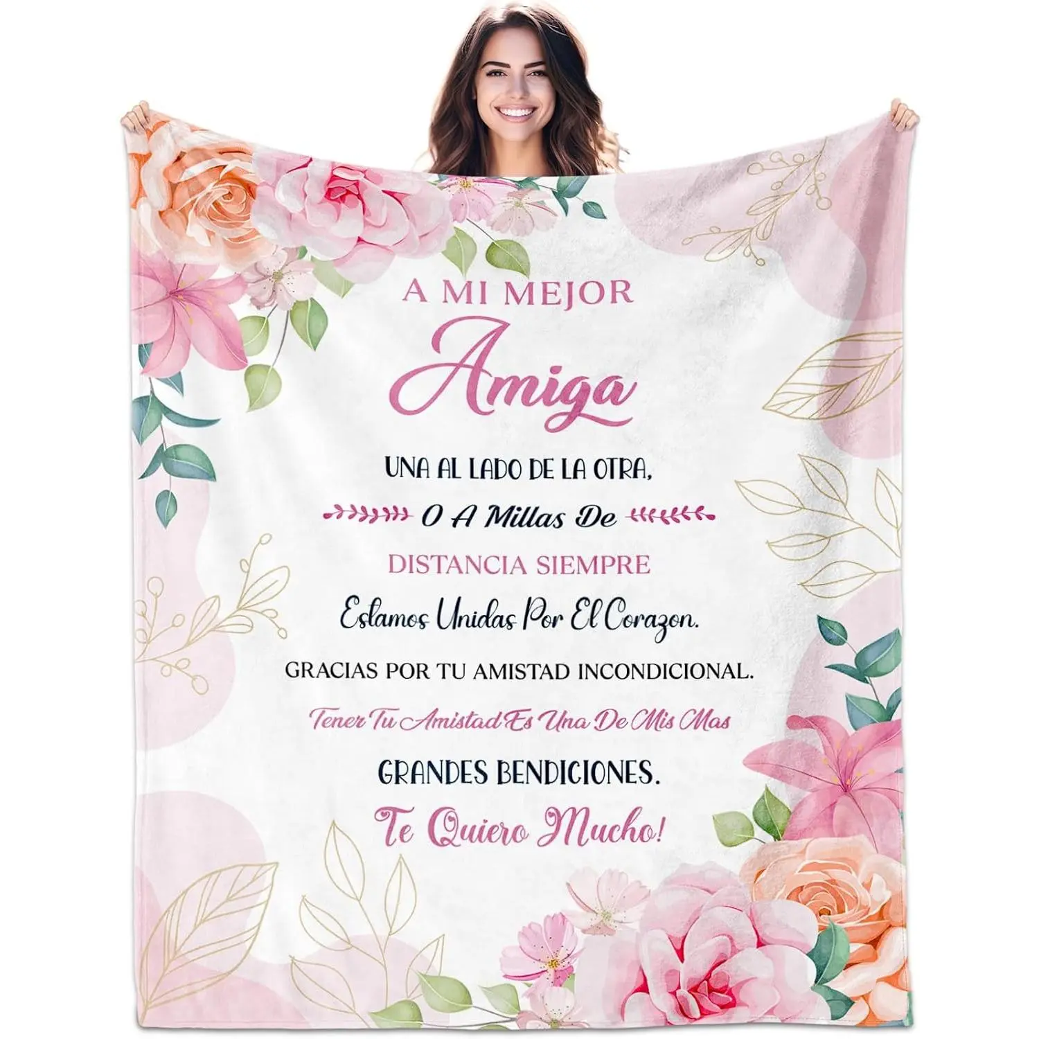 Spanish Best Friend "A Mi Mejor Amiga' Flannel Blanket,Watercolor Floral Long Distance Friendship Throw Blanket,Soft Cozy Sentimental BFF Gift, Unique Hispanic Friendship Gift,Meaningful Gift for Bestie
