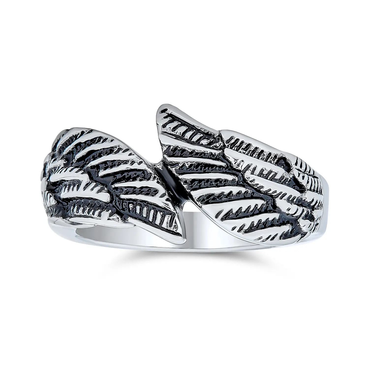 Biker Jewelry Angel Wing Band Ring Oxidized Stainless Steel Stacking Ring Set Fashion Accessory