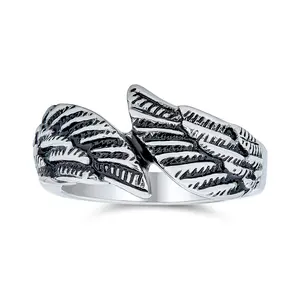 Biker Jewelry Angel Wing Band Ring Oxidized Stainless Steel