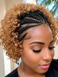 13x4 Lace Front Braided Curly Human Hair Wig, Short Natural Curly Wig with Cornrow Style, Remy Human Hair Pre Plucked Wig for Women