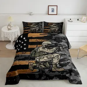 War Theme Comforter Set,Vintage Camo Soldier American Flag Stripes Bedding Set,Retro Black Gray Camouflage Quilt Set for Child Bedroom