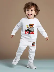 Boys' Two-Piece Set Cartoon Bear Drinking Letter Print Long Pants, Casual Fitted Top & Bottoms, All Seasons Wear Clothes Kids Youth Kits
