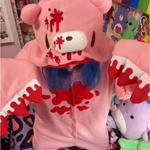 Cartoon Blood Bear Jumpsuit Nightgown Pink Black Violent Bear Polar Fleece Hoodie Pajamas Cosplay Robe for Men Women Couple