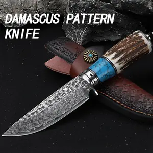 Handmade Damascus knife with antler handle and scabbard, perfect for outdoor adventures and collector gifts