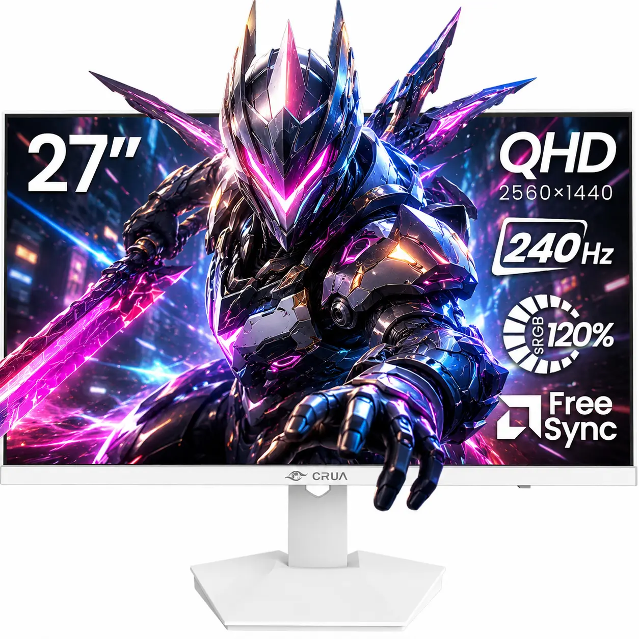 CRUA 27" White QHD Gaming Monitor 2560x1440 240Hz IPS Panel, FreeSync, 120% sRGB, Built-In Speakers, Blue Light Filter, HDMI/DP Ports, 75x75mm Wall Mount for PC Gaming, Streaming & Video Editing