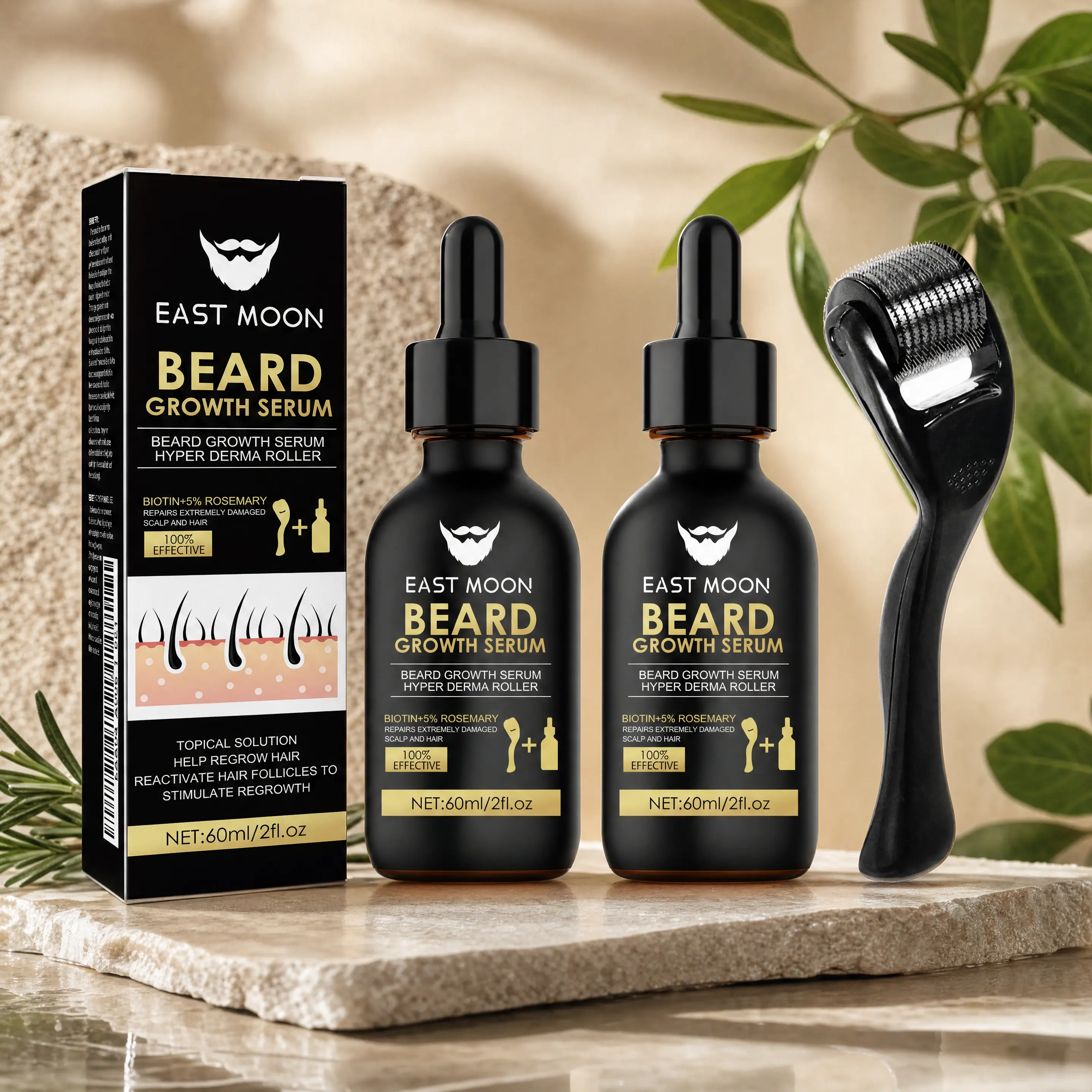 Buy 1 Get 1 Free, Beard Roller Set with Castor Oil Serum for Fuller Beard Growth, 540-Needle Stainless Steel Derma Roller for Men's Hair Care, Derma Roller Hair Growth