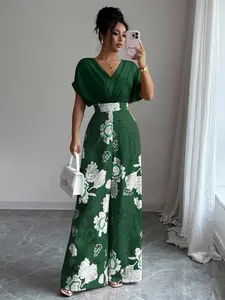 Green Jumpsuit for Women - Elegant V-Neck Romper with Flowy Wide Leg