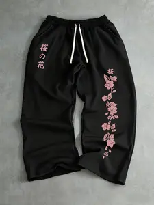 Men's Loose-Fitting Straight Leg Pants, Elastic Waistband, Side Pockets, Sakura Cartoon Pattern, Unisex Streetwear Casual, Cartoon Print Pants
