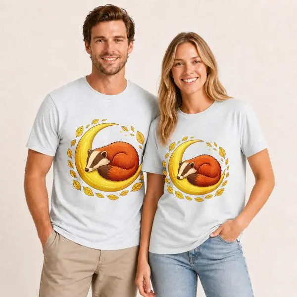 CARPESUN, Cute Cartoon Style, T-Shirt, Sleeping Badger On Crescent Moon With Autumn Leaves Design, Soft Cotton Blend Fabric, Unisex Casual Wear For Couples Or Friends, Single Pack