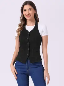 INSPIRE CHIC Denim Vest Halter Neck Button Down Backless Jean Waistcoat Black