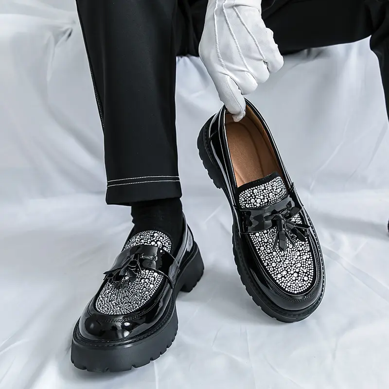 Men Chunky Platform Loafers Rhinestone Tassel Dress Shoes Shiny Glossy Finish Slip On Lug Sole Creepers Sparkly Party Prom Wedding Footwear Statement Slipons Gothic Punk Aesthetic Edgy Formal Wear Comfortable Luxury Fashion Look