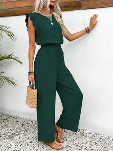 Women's 2-piece set: Solid color Basic fashionable lace round neck flutter sleeve sleeveless top   high-waisted straight-leg drawstring loose wide-leg lightweight pants, suitabl for summer, commuting, casual home wear, and gatherings, Womenswear, Clothes
