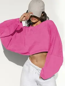 Women's Batwing Sleeve Short Sexy Long Sleeve Loose Round Neck Sweatshirt, Casual Streetwear Crop Top, Sporty Outdoor Pullover, Ladies' Top