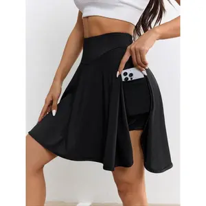 Women's Solid Color Split Thigh Pocket Sports Skort, Casual Sporty High Waist Skort for Running Tennis, Ladies Sportswear for Summer