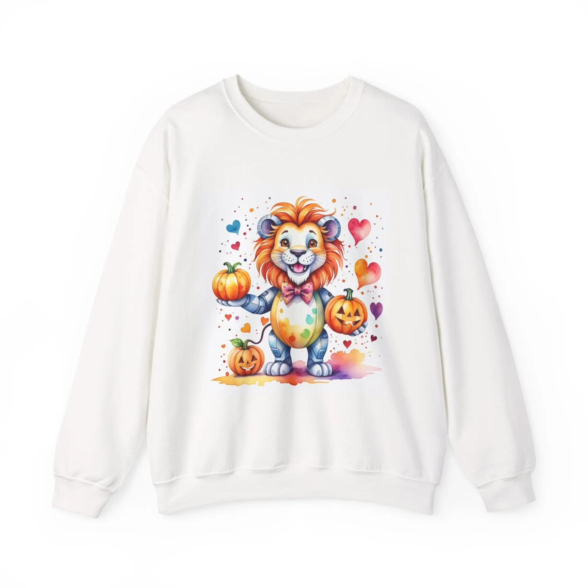 Cute Halloween Lion sweatshirt | Cartoon Lion with Pumpkins, Hearts, Watercolor Style