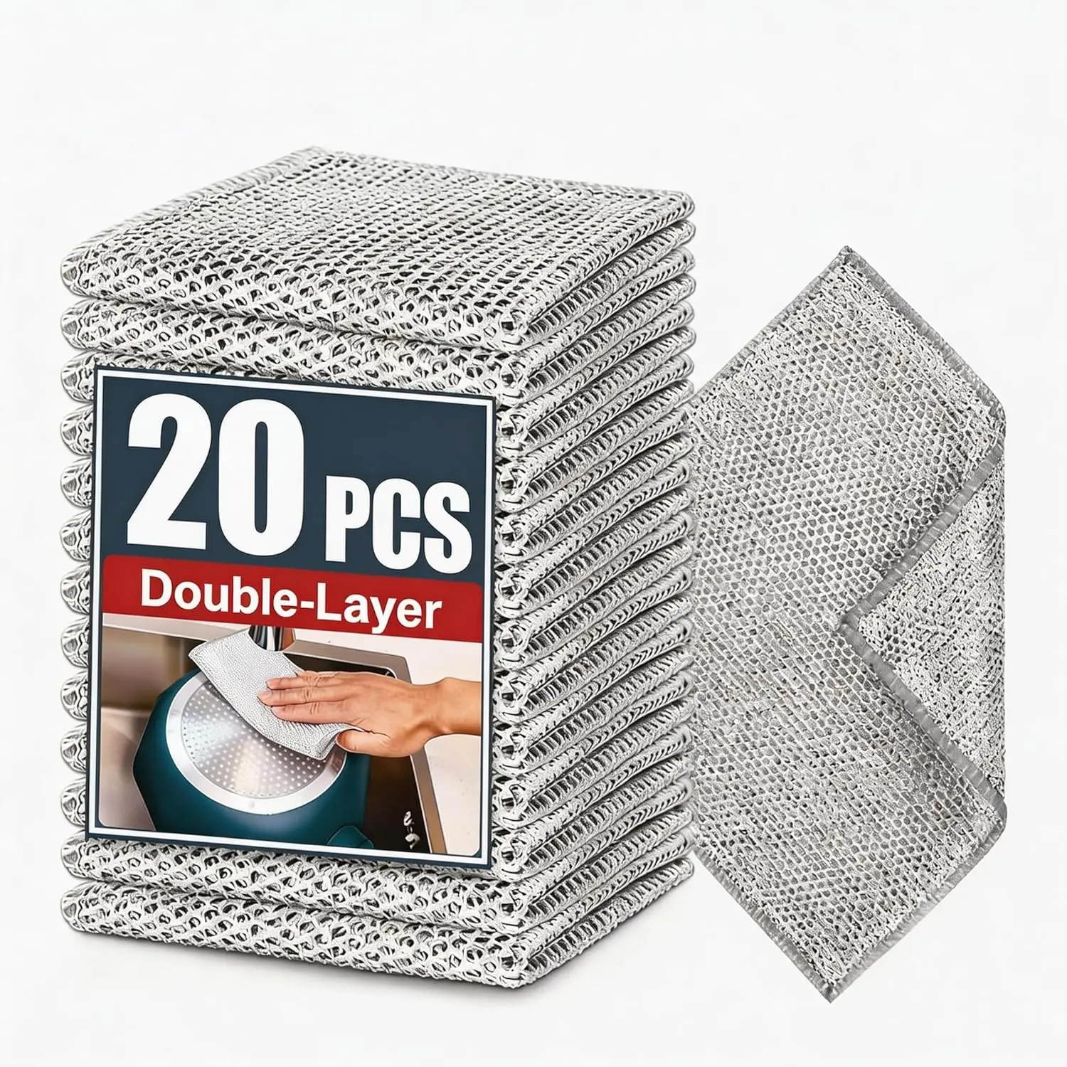 Double-layer steel wire cleaning cloth – scratch-free iron wire dishcloth, heavy-duty abrasive pad, multipurpose silver mesh wash pad for bowls, plates, pots, and utensils (20-piece set)