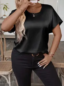 Plus Size Satin Short Sleeve T-Shirt Women  Summer Round Neck Loose Drapey Black Silky Top