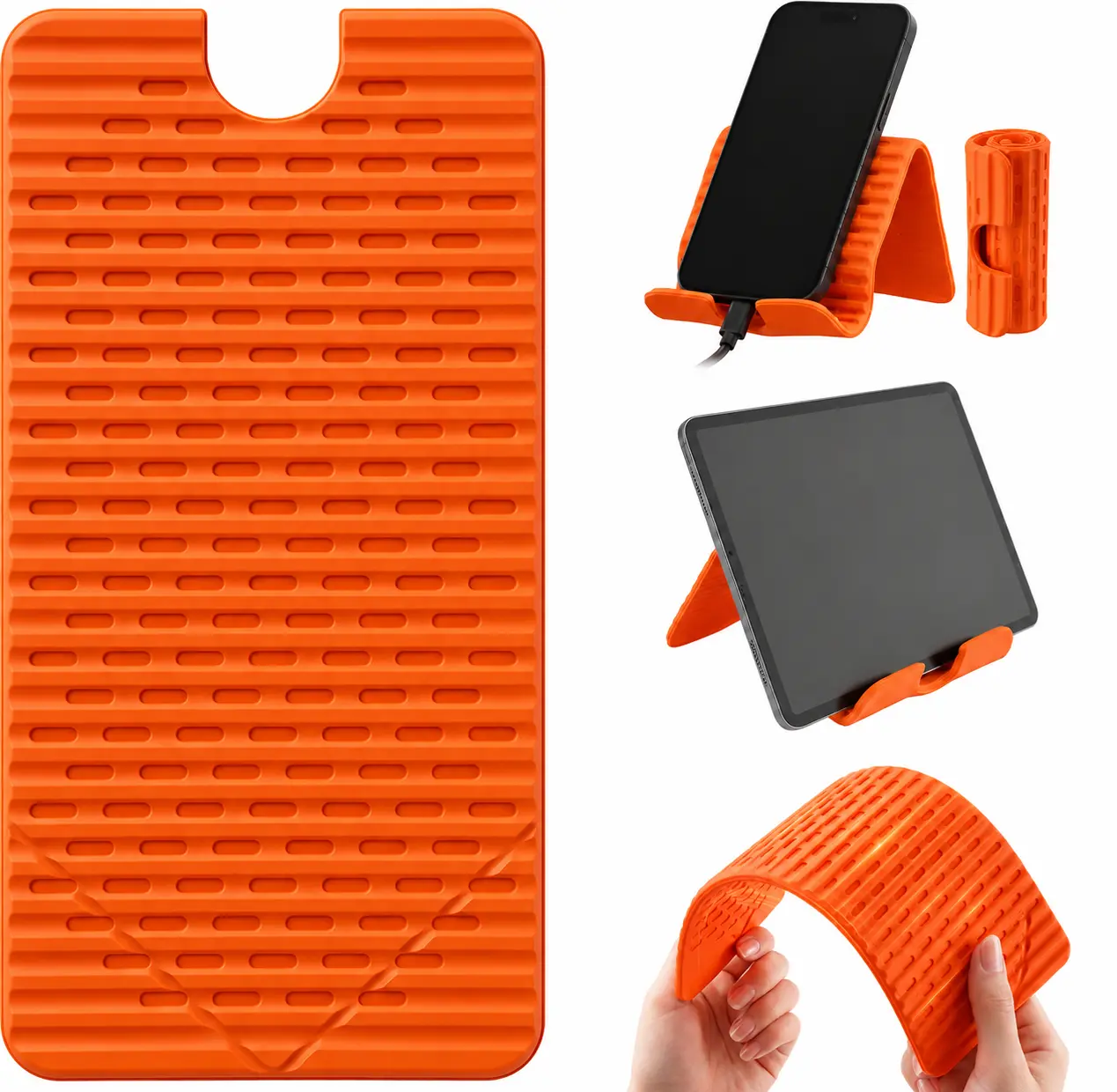 Upgraded Adjustable Flexible Silicone Suction Cup Mobile Phone Stand - Foldable, Charging Port Design, Fits Tablets/Laptops, Mobile Accessories for Home/Office Use, Landscape View, Protection (Orange)