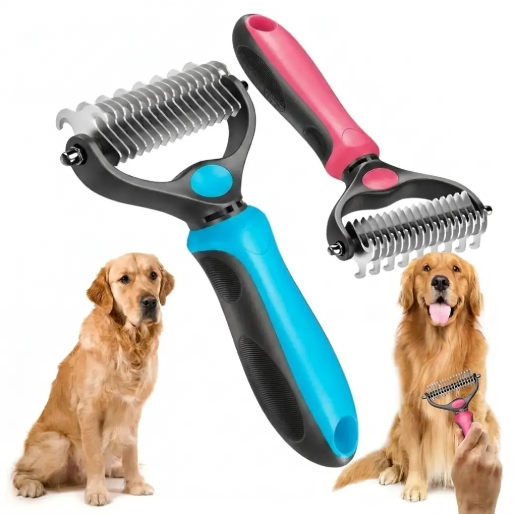 Double Pet Grooming Brush-Sided Hurtless Shedding and Dematting Undercoat Rake Comb for Dogs and Cats, No More Nasty Shedding or Flying Hair