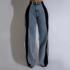 Summer New Streetwear Denim Pants Fashion High Waist Elastic Three Stripe Patchwork Wide Leg Pant Color Block Straight Trouser Jean Womenswear
