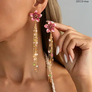 Enamel Flower Long Tassel Earrings - Beaded Chain Drop Earrings with Pearl & Crystal Accents | Romantic Floral Statement Earrings for Women Wedding & Vacation