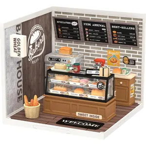 Rolife Plastic House Building Set Toy DIY Miniature Dollhouse Playset with LED for Mini Figures Construction Toys Diorama Kit Gifts for Teens Adults DW005B Bakery House