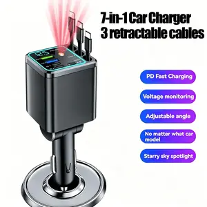 GYIOEUPT 7-in-1 Ambient Light Super Fast Car Charger with Starry Sky Ceiling Light, Retractable Cable, and PD Support, Featuring Real-Time Voltage Monitoring and Display