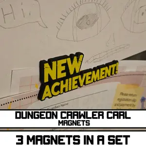 Dungeon Crawler Carl Magnets! 3 unique magnets per set or buy a single! Strong neodymium magnets, holds multiple pieces of paper on fridge. These magnets are chonky and it gives them some depth. Works on cars (or anything metal) also.