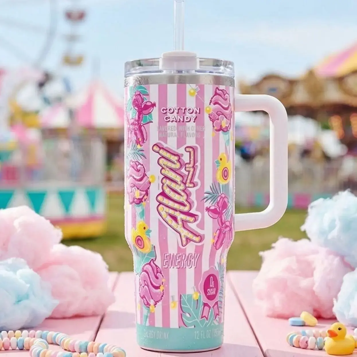 Alani Nu Travel Tumbler,Cotton Candy Inspired Tumbler with Handle & Straw, Stainless Steel Insulated Cup, Cute Pink Drink Tumbler, Double Wall Vacuum Mug, Gift for Beverage Lovers