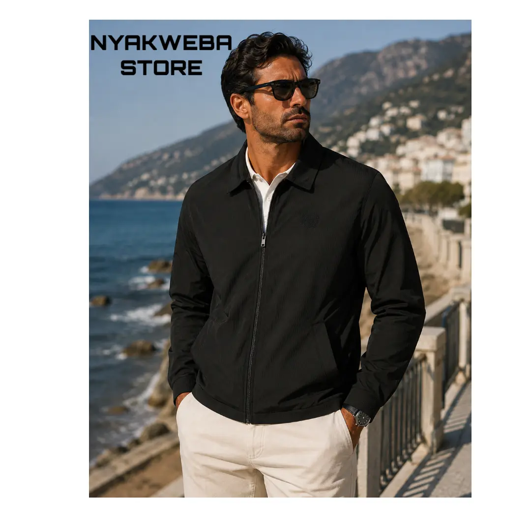 NYAKWEBA Men's Lightweight Windbreaker Jacket – Classic Collared Zip Up Harrington Jacket, Water-Resistant Casual Summer/Fall Outerwear