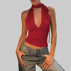 Halter Neck Deep V Front Draped Open Back Crop Top with Long Sash Ties Back Tie Detail Women's 2026 Spring Sexy Elegant Glamorous Chic Slim-Fit Party Top