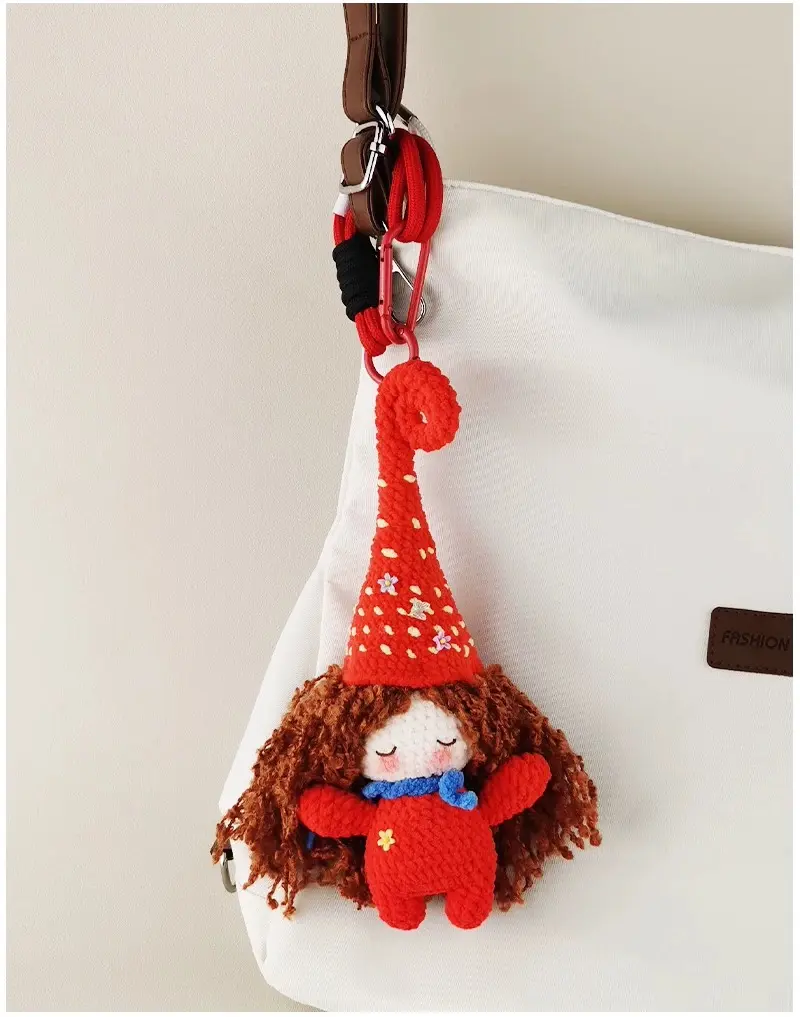 Huggli Handmade Crochet Witch Doll Keychain, Red Hat Bag Charm with Carabiner for Backpacks, Purses & Keys