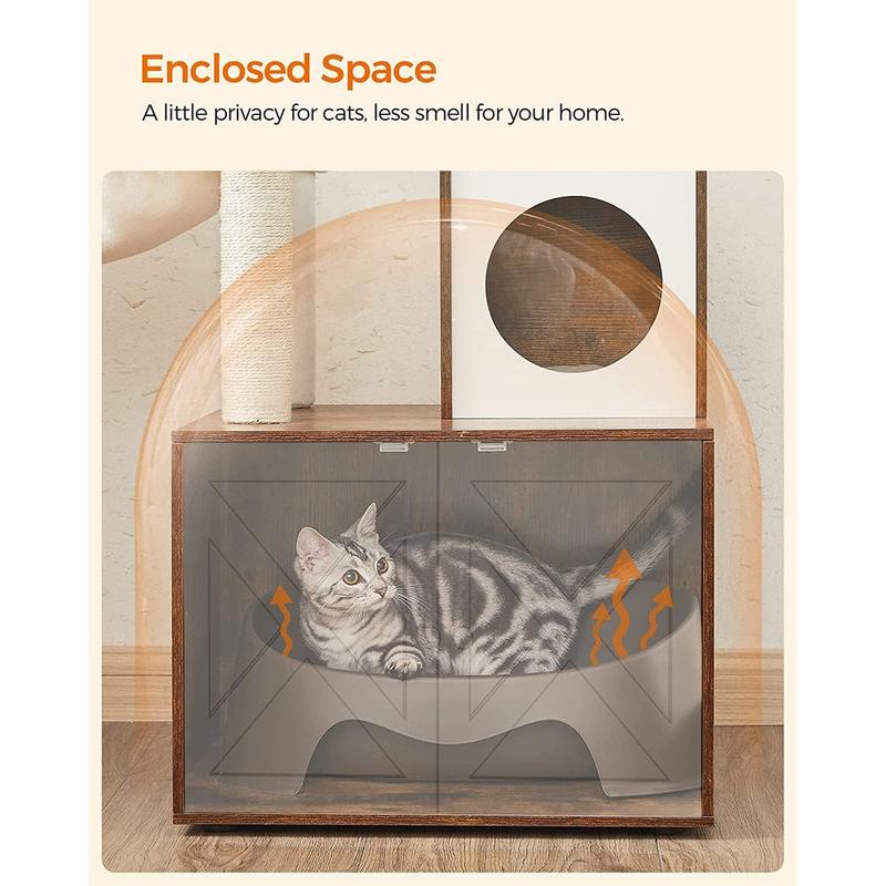 Feandrea Cat Tree with Litter Box Enclosure, 2-in-1 Modern Cat Tower, 55.1-Inch Cat Condo with Scratching Posts, Removable Pompom Sticks