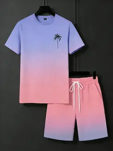 Summer Vacation Style Men's 2 Piece Set, Gradient Palm Tree Print Crew Neck T-Shirt & Shorts, Breathable Beach Outfit