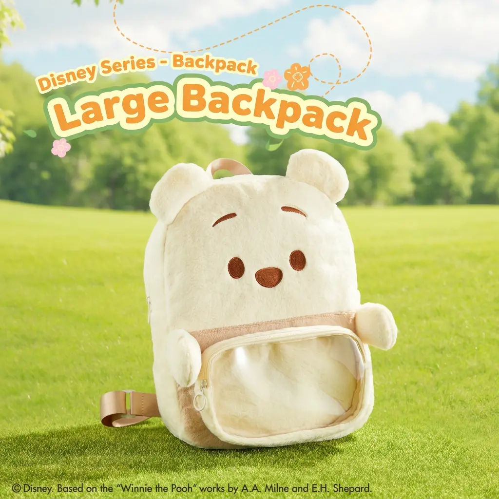 Disney Winnie the Pooh Ita Bag, Large Synthetic Polyester Daypack with Cartoon Animal Graphic and Pin Display Window, Animal Design Backpacks, Cartoon Animal Graphic Backpacks