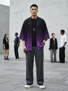 Men's Loose Fit Graduated Print Kimono Casual Shirt, 3/4 Sleeve Drop Shoulder, Perfect Gift for Boyfriend, All Seasons