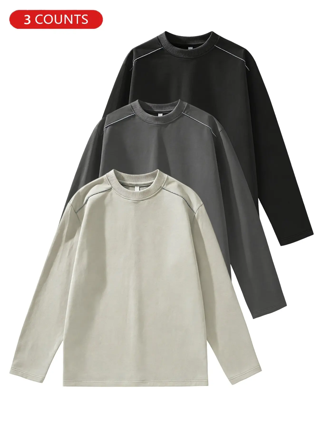 3-Pack Men's Loose Fit Oversize Minimalist Long Sleeve T-Shirts, Casual Round Neck Street Style Aesthetic Tops, Spring & Fall Fashion