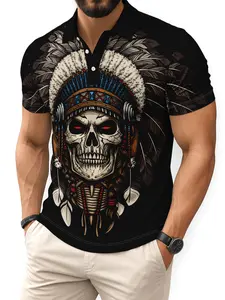 Casual Buttoned Polo Shirt with Tribal Print, Men's Native American Skull Design, Fitted Style Graphic Tee for Everyday Wear