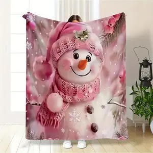 Contemporary Cute Pink Snowman Flannel Throw Blanket - Digital Print All Seasons Multipurpose Super Soft Cozy Blanket for Outdoor Travel Camping, Office, Home Decor, Great Birthday Gift for Boys and Girls