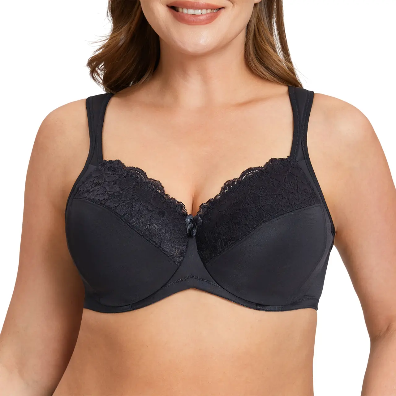 MELENECA Women's Plus Size Underwire Minimizer Bra with Full Coverage Patchwork Lace, Unlined Polyester with Adjustable Cushion Straps, 36dd, Wired, Shaping Stretch Black Womenswear