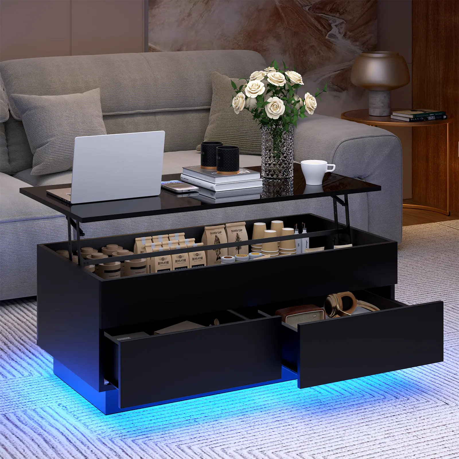 HOMMPA LED Coffee Table with Lift Top Morden Coffee Table with Storage High Gloss Black Sofa Table for Living Room Center Tables Hidden Compartment & 2 Drawers