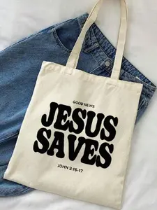 Jesus Saves Print Handbag, Christian Bible Verse Vintage Bag, Large Capacity Fashionable Shoulder Bag, Perfect for Picnic Party Travel Shopping