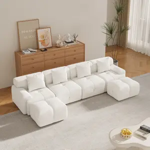 135.4-inch U-shaped modular sofa bed, includes 2 ottomans and 4 cushions; oversized four-seater frameless sofa; convertible square cloud-quilted floor cushion; corner sofa set; suitable for the living room