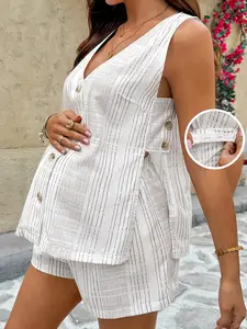 Zesty Maternity Maternity 2 piece set v-neck button down linen shorts beach vacation summer outfit