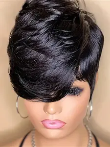 Halloween, Easter, Christmas gifts pixie cut wig straight layered natural black brown color pixie cut human hair wigs for women short daily party cosplay use remy human hair wig machine made wig