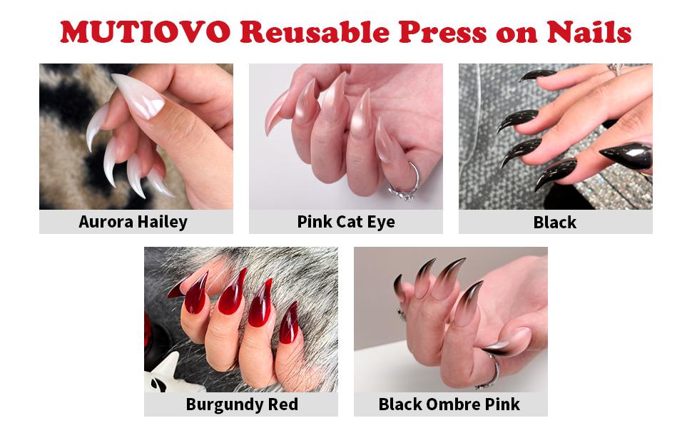 MUTIOVO Reusable Press on Nails Cat Claw Short Curved Stiletto - Aurora Hailey Shade 3D Fake Nails with Built-in Apex, 16 Sizes, Jelly Adhesive Tabs & Nail File for Halloween Cosplay(No Liquid Glue)