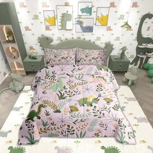 Cute Dino Kids Comforter Set,Kawaii Green Dinosaur Reversible Bedding Set,Kids Girls,Cartoon Wildlife Floral Leaves Plant Quilted Duvet