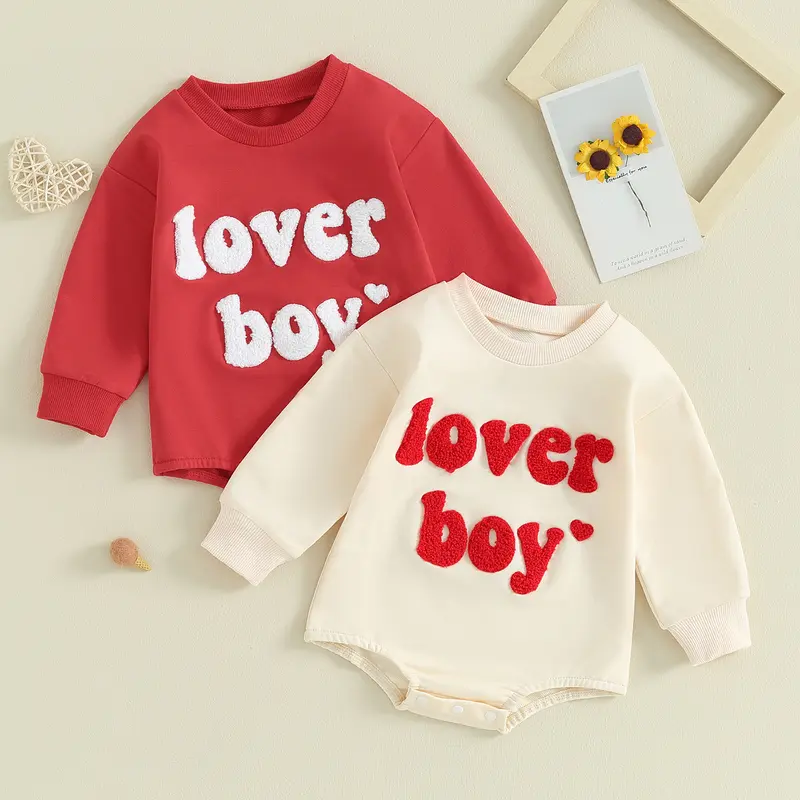 REDWOON Newborn Baby Boy Valentines Day Outfit Lover Boy Embroidery Sweatshirt Bubble Romper Oversized Onesie Long Sleeve  Outfit